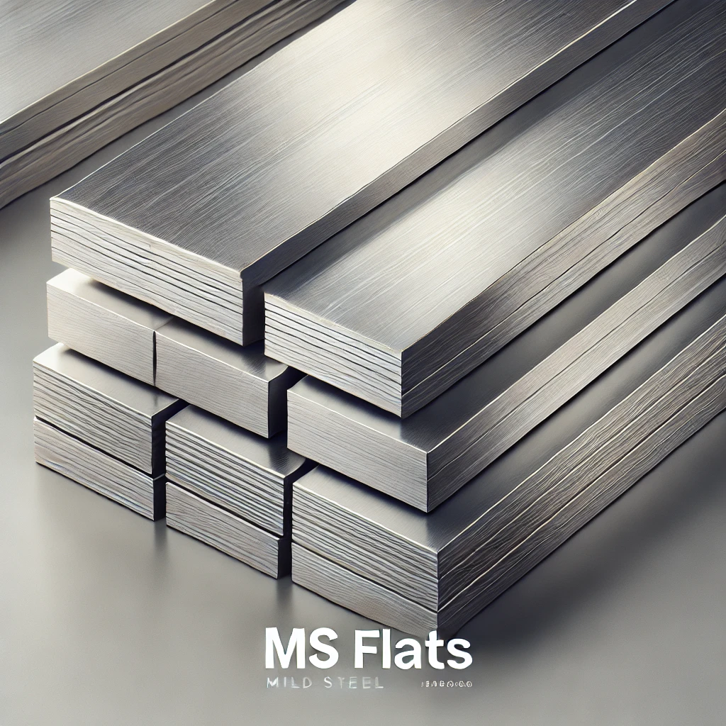 DALL·E 2025-02-27 17.42.05 - A high-quality, realistic image of MS (Mild Steel) Flats. The steel flats are neatly stacked, showcasing their smooth metallic texture and sharp edges