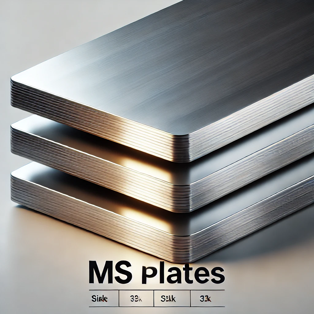 DALL·E 2025-02-27 17.42.18 - A high-quality, realistic image of MS (Mild Steel) Plates. The steel plates are neatly stacked, showcasing their smooth metallic texture and sharp edg
