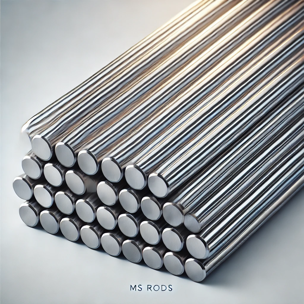 DALL·E 2025-02-27 17.42.29 - A high-quality, realistic image of MS (Mild Steel) Rods. The steel rods are neatly arranged in a bundle, showcasing their smooth metallic texture and