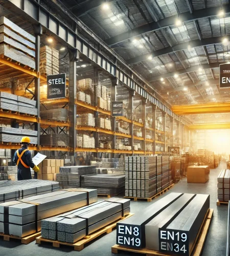 DALL·E 2025-02-28 22.03.37 - A professional industrial warehouse showcasing stacks of steel bars, metal sheets, and raw materials. The setting is clean and well-organized, with la