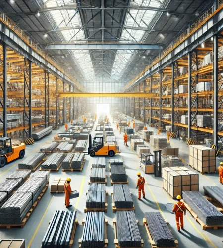 DALL·E 2025-02-28 22.07.44 - A spacious steel warehouse with neatly stacked steel rods, sheets, and bars. Workers in safety gear are organizing and inspecting the materials. The w